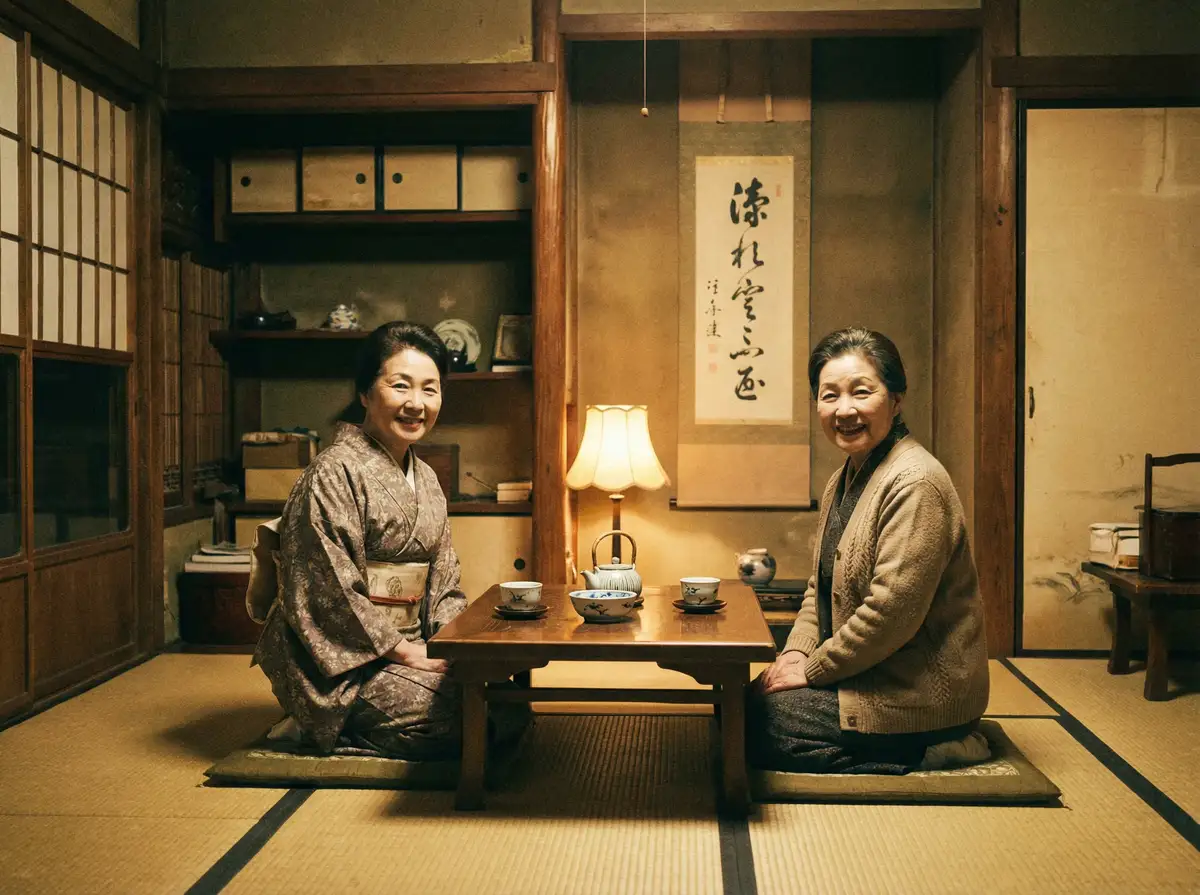 两位优雅的 车震 在日式茶室中品茶交谈